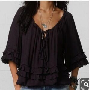 Vintage Ralph Lauren Denim & Supply Boho Ruffle Peasant Black Flowing Blouse S